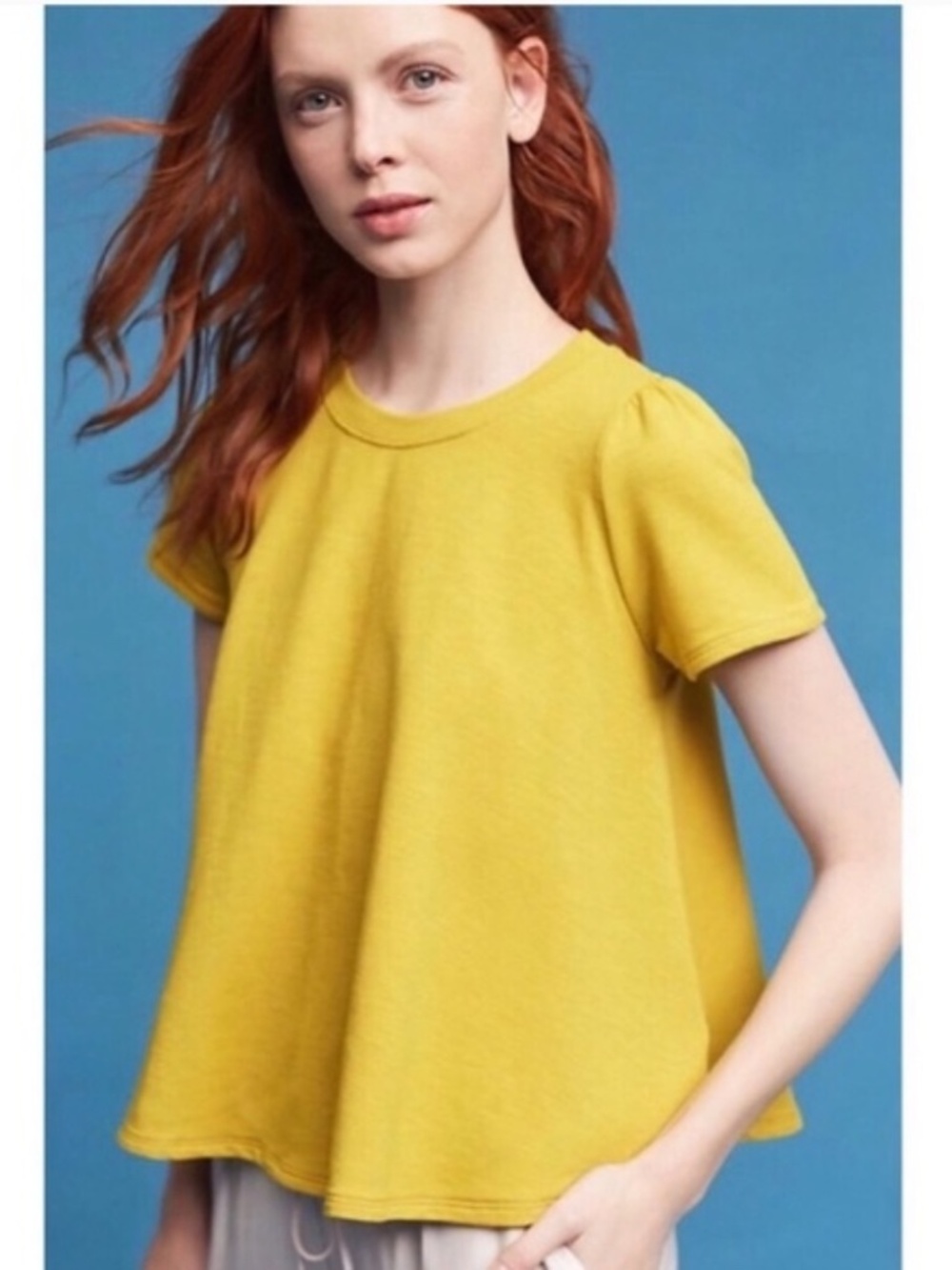 Eri + Ali Anthropologie Short Sleeve Westward Swing Top in Mustard